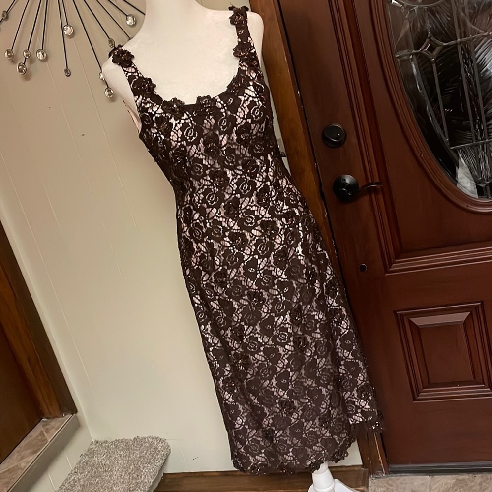 JS Boutique brown tan floral lace dress. Midi - Picture 2 of 5